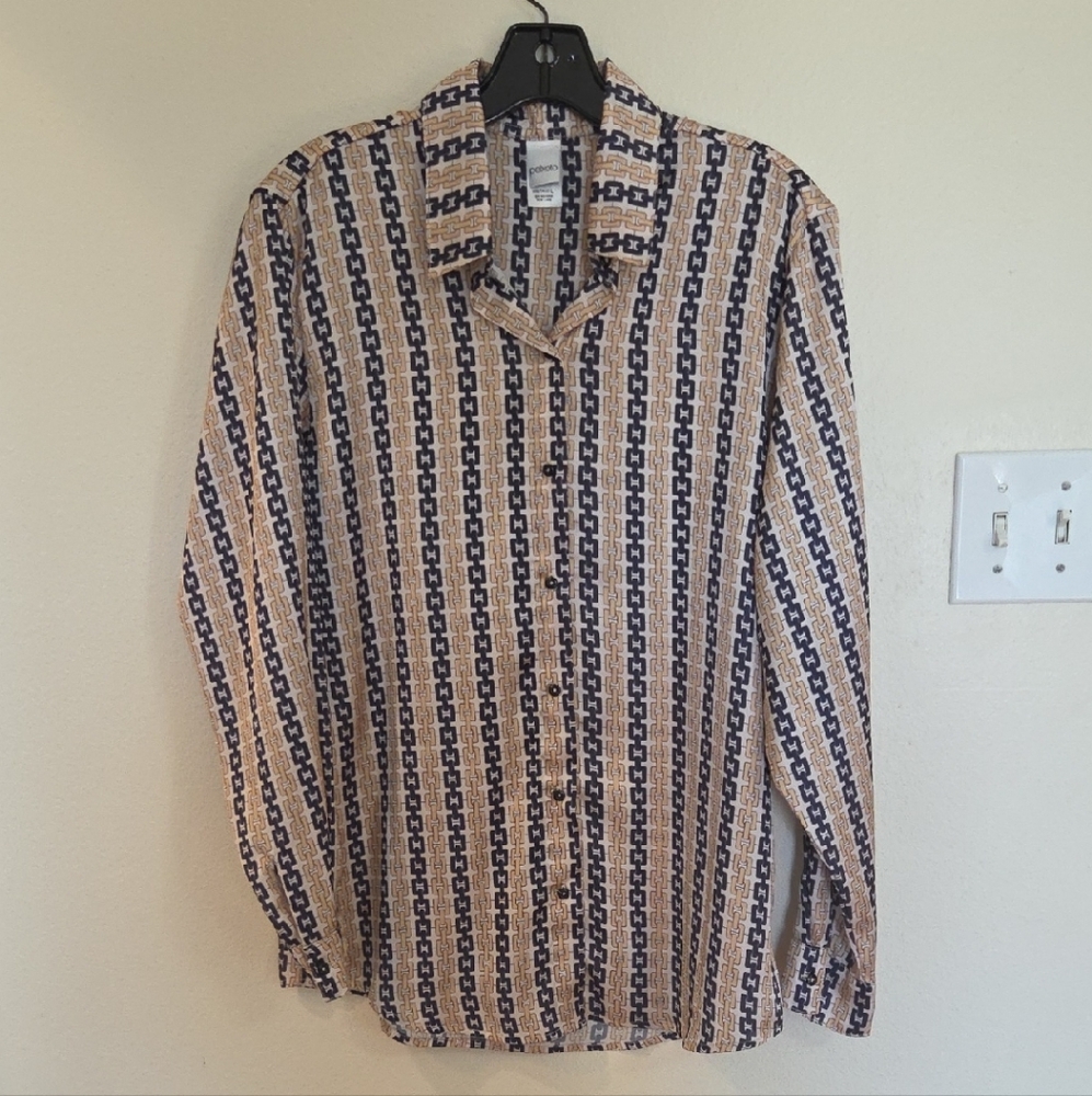Peixoto Woman Tan and Blue Striped Button Down Shirt